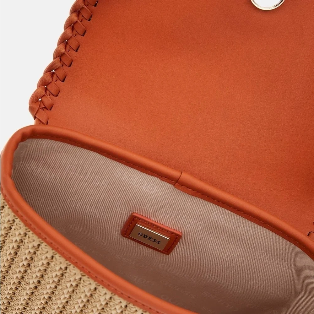 New GUESS Orange and Tan Satchel with Woven Design